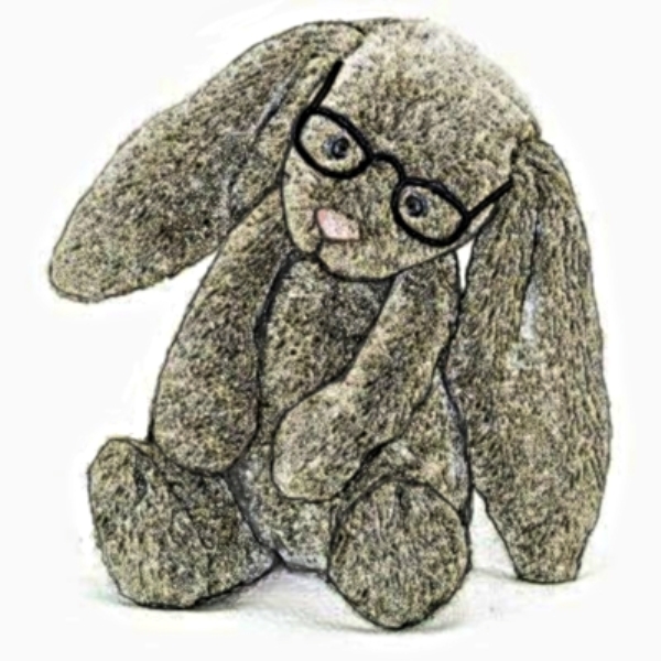 Knuffige Häsin mit schicker Brille für alles Lesbare und für ihre Schreibarbeiten
